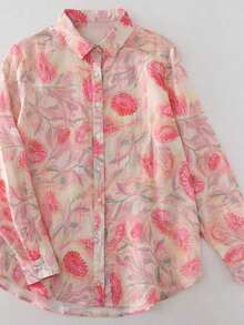 Women's Floral Print Elegant Long Sleeve Blouse Spring Vacation - Powder Green - View 2