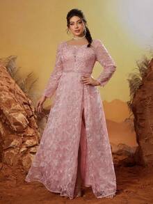 Vestido de noche de manga larga con cuello redondo, bordado de encaje con cuentas, aplicaciones y abertura - Rosa coral - Ver 5
