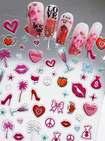 1/2 ark 5D präglade hjärtformade nagelkonstklistermärken, söta tjejiga gör-det-själv-nageldekaler, långvarig vattentät lätt att applicera, nageldekoration för alla hjärtans dag