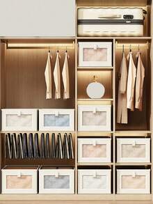 Large Shelf Storage Basket | Fabric Closet Storage Box With Transparent Window For Organization | Foldable Household Storage With Lid, Beige, Grey Decorations Decor Festival Decor Room Decor Home Decor Bed Room Decor Dress Pants Shoes Jeans Boots Skirt Bedroom, Organizer, Home Storage, White T Shirt Women, Black Pants Women, Ladies Winter Clothes, Dress, - Multicolor - View 8