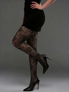 1pc Women's Jacquard Fishnet Stockings, Vintage French Floral Rose Bouquet Patterned Hollow Out Sexy Black Fishnet Tights - Black - View 5