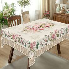 1pc Spring/Summer Romantic Vintage Pink Rose Pattern Tablecloth, French-Style Elegant Floral Print Rectangular Tablecloth, Home Kitchen Dining Table Cover, Indoor/Outdoor Use, Home Decor, Suitable For Valentine's Day, Mother's Day, Weddings - 香檳色 - 查看 4
