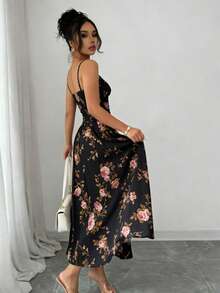 Đầm trễ vai xếp ly họa tiết hoa, xẻ tà cao, phong cách Bohemian, thích hợp cho đám cưới, dạ hội, hẹn hò, kỳ nghỉ, tiệc tùng mùa hè thanh lịch. - màu đen - Xem 2