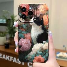 2026 nueva funda de teléfono esmerilada, funda de teléfono con estampado de gato y flores para  17 15 Pro Max  17 14 Pro  17 13  Galaxy S23 S22 S21 protector de teléfono funda de pareja regalo para novio novia regalo de San Valentín cumpleaños - Negro - Ver 5