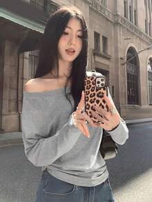 宽松不对称肩部长袖上衣，优雅气质，修身显瘦，百搭单品 - 灰色 - 查看 1