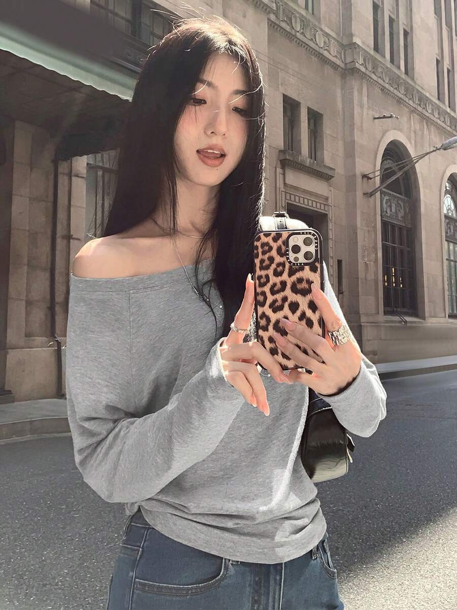 宽松不对称肩部长袖上衣，优雅气质，修身显瘦，百搭单品 - 灰色 - 查看 1