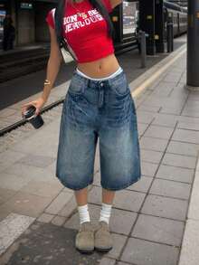 Dollsgirl Y2K 女式夏季牛仔短裤前扣多口袋宽松休闲日常穿着猫须街头百慕大牛仔裤七分裤 - 淺藍色 - 查看 1