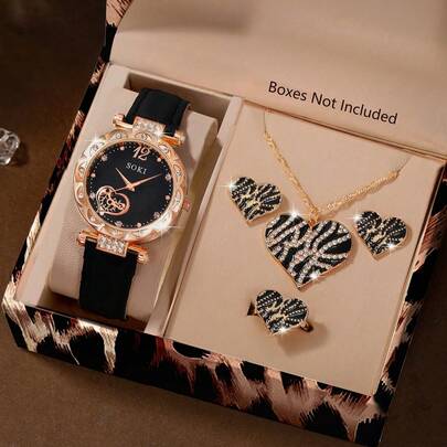 SOKI SOKI 一套时尚个性化心形表盘石英表、豹纹项链、耳环、戒指首饰套装，适合日常佩戴、生日礼物、派对、节日聚会，是送给自己或朋友的理想礼物。不含包装盒。