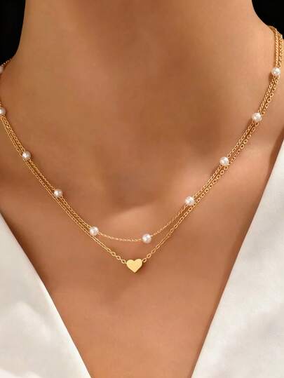 1 chiếc vòng cổ mặt dây chuyền hình trái tim ngọc trai nhiều lớp cổ điển, vòng cổ ngọc trai nhiều lớp đa năng dành cho nữ