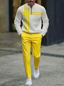 Men's Modern Contrast Two-Piece Set - Cross Stripe Detail & Stand Collar Design, Versatile For Stylish Outings & Layering Looks - Màu vàng - Xem 1