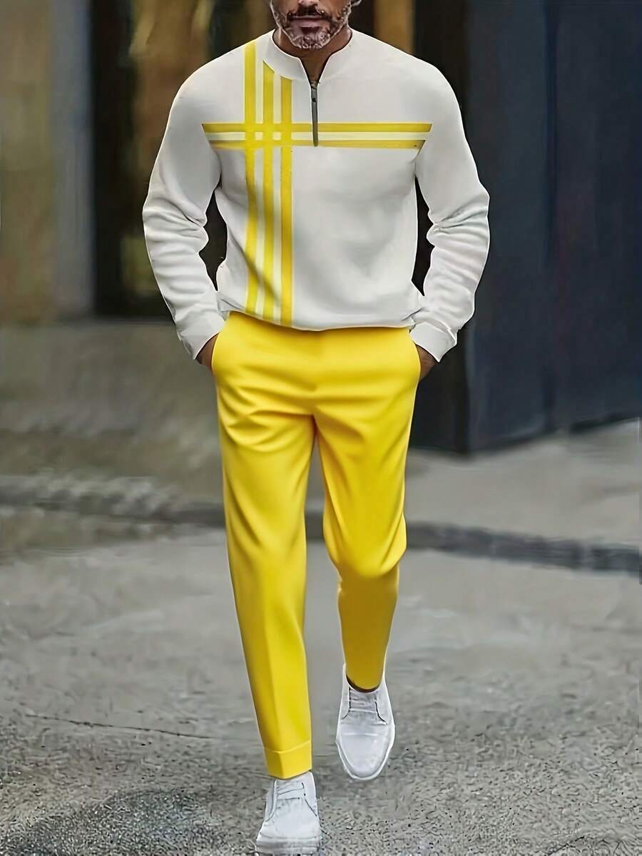 Men's Modern Contrast Two-Piece Set - Cross Stripe Detail & Stand Collar Design, Versatile For Stylish Outings & Layering Looks - Màu vàng - Xem 1