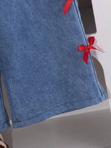 Conjunto de camiseta con estampado de mariposa y pantalones anchos con decoración de mariposa para niñas, conjunto de moda de verano - Rojo - Ver 6