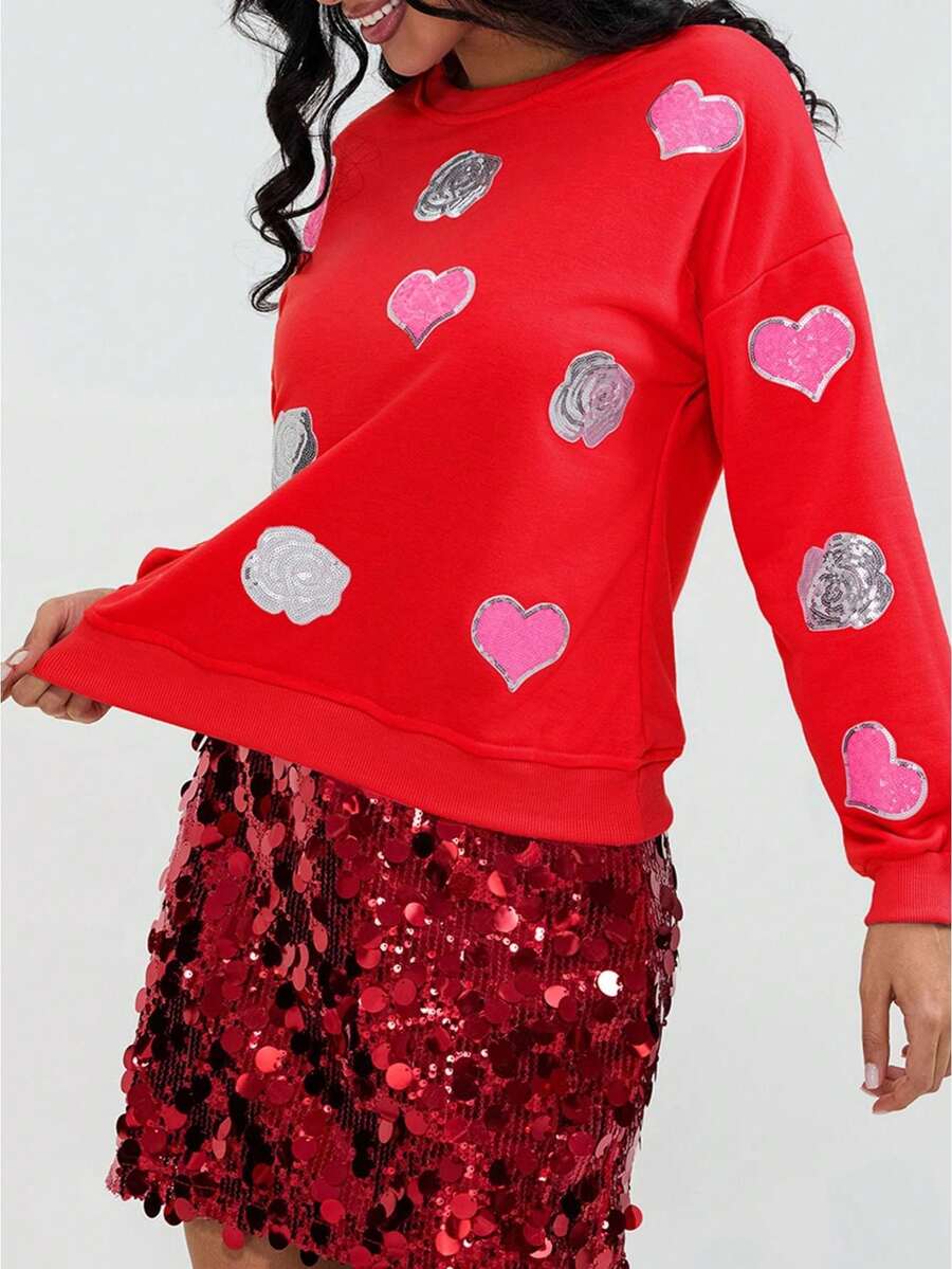 Women's Valentine Loose Sweatshirt Long Sleeve Round Neck Sequins Rose Heart Pullover - Red - View 1