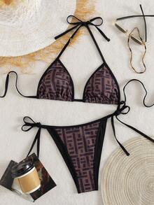 2件套随机印花撞色滚边时尚女士比基尼沙滩泳衣套装，三角挂脖露背系带设计，优雅性感，适合海滩度假和日光浴。 - 黑色棕色 - 查看 1