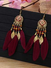 Retro Bohemian Four-Leaf Clover Round Enamel Long Tassel Earrings, White Feather Dangle Earrings For Women - Bohemia - View 4