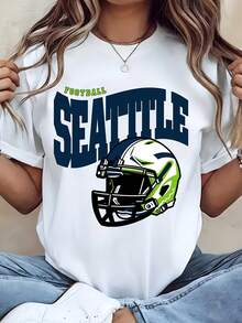 Unisex Seattle Football Helmet Graphic Print T Shirt For Casual Wear And Sports Events Family Couple Outfits Cotton Comfort Fabric - 白色 - 查看 1