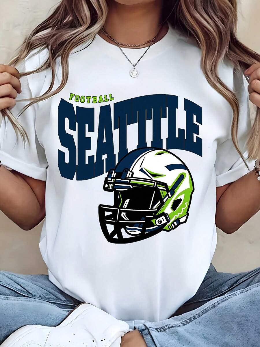 Unisex Seattle Football Helmet Graphic Print T Shirt For Casual Wear And Sports Events Family Couple Outfits Cotton Comfort Fabric - 白色 - 查看 1