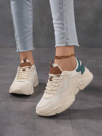 Women's Casual Sports Shoes, Fashionable Breathable Mesh Sneakers, Non-Slip Durable Leather Patchwork Running Shoes, Lightweight Personalized Casual Shoes For Female Students, Outdoor, Party, Lolita Style, Comfortable Walking Shoes For Women, All Season