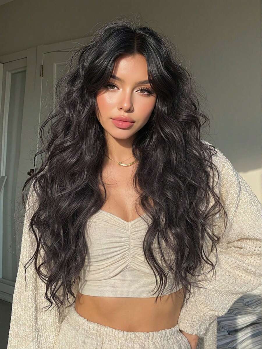 Black Brown Long Wavy Curly Wig Natural Looking Synthetic Wig Beginners Friendly Heat Resistant Fashionable For Daily Use Halloween Wedding Party Wear Music Festival Gift Hot - 黑色 - 查看 1