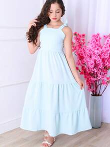 Girls' Long Three-Tiered Dress With Straps | Duna Fabric | Elastic Back | Sizes 12 To 16 - 淺藍色 - 查看 2