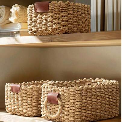 Bộ 3/2/1 Giỏ đan nhỏ, kiểu Boho, giỏ đan có tay cầm, bộ giỏ đan, hộp đựng đồ bằng dây giấy, thích hợp cho kệ, tủ phòng tắm, ngăn kéo, phòng khách, ký túc xá, bàn làm việc, trang trí nhà nông thôn, 3 giỏ vuông trang trí, giỏ đựng đồ kiểu Boho.