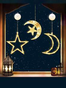 3pcs Moon & Star Window Lights, Suction Cup Hanging LED Battery Powered Holiday Decor Lights, Indoor/Outdoor Decoration For Home Gatherings, Weddings, Birthdays, Valentine's Day - Multicolor - View 1