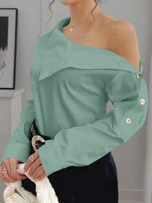 Women's Solid Color Side Button Asymmetric Collar Fashion Shirt