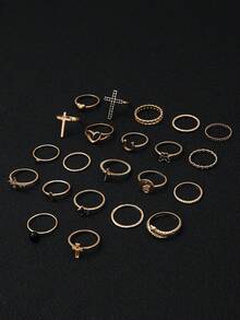 Bộ 22 chiếc nhẫn đính đá lấp lánh kiểu cổ điển hình trái tim, thánh giá, rắn, sao dành cho nữ. - Vàng - Xem 2