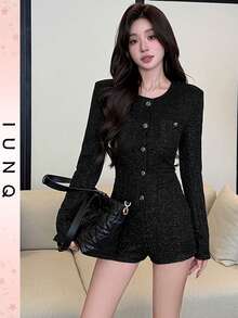 IUNQ Free Shipping. Chic Women's Black Woven Jumpsuit. Features Long And Regular Sleeves, A Button Front, A Round Neck, And A Short Length. - 黑色 - 查看 1