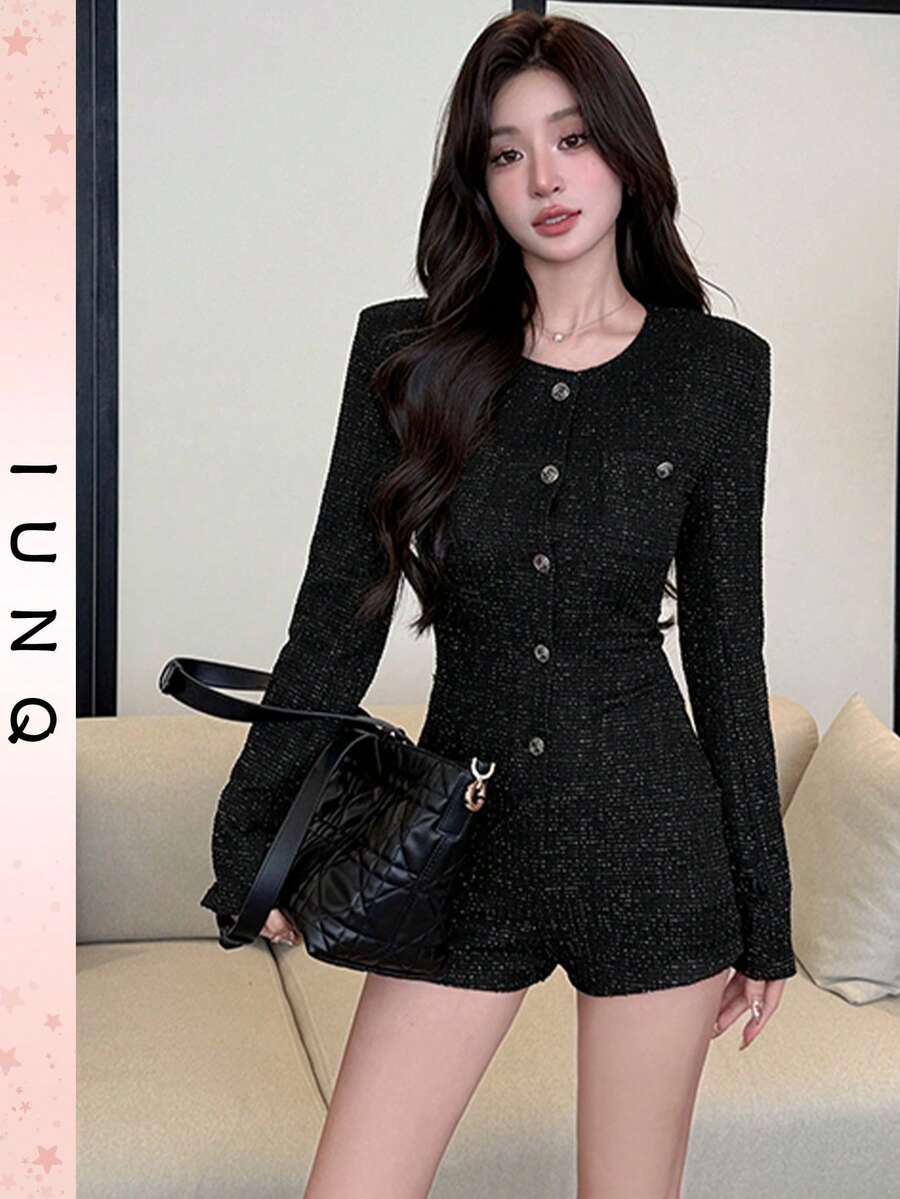 IUNQ Free Shipping. Chic Women's Black Woven Jumpsuit. Features Long And Regular Sleeves, A Button Front, A Round Neck, And A Short Length. - 黑色 - 查看 1