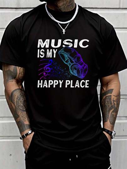 100% Cotton Music Lover Headphones Music Is My Happy Place T-Shirt Street Hip-Hop Style Men's T-Shirt