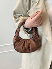 迷你褶皱女士手提包，纯色女士褶皱手提包，女士纯色云月形手提包 - 棕色 - 查看 7