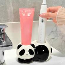 1pc Cute Panda Shaped Ceramic Toothbrush & Toothpaste Holder, Bathroom Vanity Organizer Stand For Home, Toilet - Multicolor - View 7