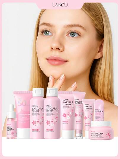  一套 LAIKOU 日本樱花保湿修护护肤套装（日本樱花化妆水 100ml + 日本樱花眼部精华 15ml + 日本樱花防晒霜（SPF50）（水润型）50g + 日本樱花保湿凝胶 60g + 日本樱花护手霜 3g + 日本樱花洁面乳 50g + 日本樱花爽肤水 100ml + 樱花眼霜 15g + 樱花精华 17ml），多功能护肤礼盒，提升整体妆容精致度，是送给女朋友的理想礼物。