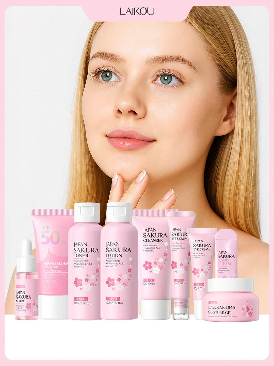 一套 LAIKOU 日本樱花保湿修护护肤套装（日本樱花化妆水 100ml + 日本樱花眼部精华 15ml + 日本樱花防晒霜（SPF50）（水润型）50g + 日本樱花保湿凝胶 60g + 日本樱花护手霜 3g + 日本樱花洁面乳 50g + 日本樱花爽肤水 100ml + 樱花眼霜 15g + 樱花精华 17ml），多功能护肤礼盒，提升整体妆容精致度，是送给女朋友的理想礼物。