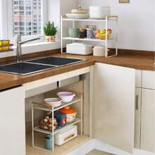 4 款可选木柄收纳架 - 单/双层铁艺整理架，适用于厨房、客厅、阳台，可放置零食、植物，多功能置物架/桌面架，墙角收纳架（随机黑/白） - 彩色 - 查看 6