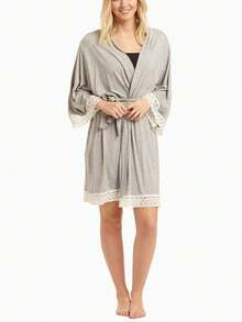 Pijama de maternidad con parches de encaje y mangas 3/4 con lazo delantero para lactancia, primavera - Gris Claro - Ver 3