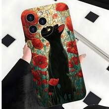 2026 nueva funda de teléfono esmerilada, funda de teléfono con patrón de gato negro y flor de amaranto roja para  17 14 Pro Max  17 13 Pro  17 12 Pro  Galaxy S23 S22 S21 funda protectora para teléfono regalo de pareja para novio novia regalo de vacaciones - Negro - Ver 3