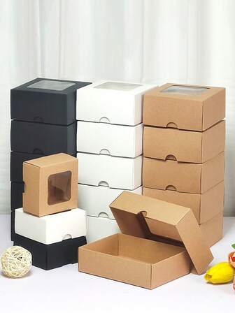 10 cajas de regalo con tapas, ventana de visualización transparente, varios tamaños, embalaje de tarjeta de papel blanco, negro y marrón, adecuado para joyas, jabón, dulces, fiesta de cumpleaños, vacaciones, regalos, manualidades, bodas, despedida de soltera