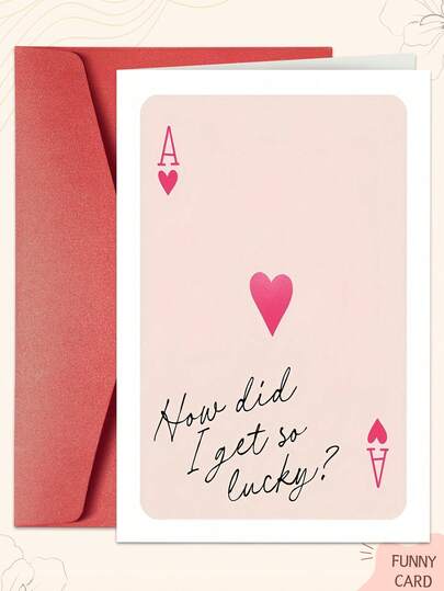 1张幸运扑克牌造型情人节贺卡（含信封） - 红桃A简约优雅设计，粉色爱心，印有“我怎么这么幸运？”字样，浪漫幽默的纪念品，适合情侣/男士/女士/丈夫/妻子/男友/女友，生日/情人节/婚礼/周年纪念/求婚的完美之选。