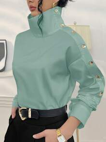 Women's Solid Color Side Button Asymmetric Collar Fashion Shirt