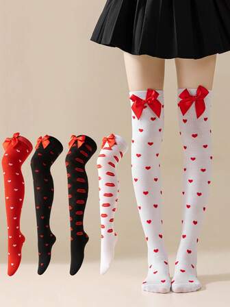 1 Pair Of Women's Long Over-The-Knee Socks For Spring, Autumn And Winter With Heart-Shaped Lips Pattern And Bow Tie, Suitable For Valentine's Day, Dates, Parties And Gatherings, To Match Interesting Outfits. Over-The-Knee Socks.