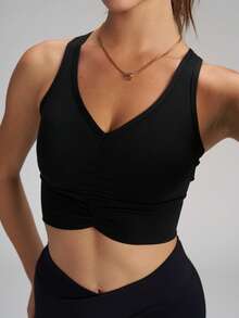 Áo tank top thể thao không tay cổ chữ V màu đen dành cho nữ, có đệm ngực rời, thích hợp cho tập luyện thể thao mùa hè. - màu đen - Xem 5