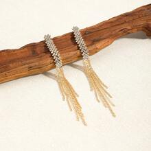 1 Pair Long Glittery Tassel Drop Earrings, Elegant Minimalist Dangle Earrings, Fashionable Chic Earrings