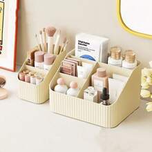 1pc Makeup Storage Box, Dorm Vanity Tabletop Organizer For Skincare, Lipstick, Large Capacity Compartment Shelf - Beige - View 1