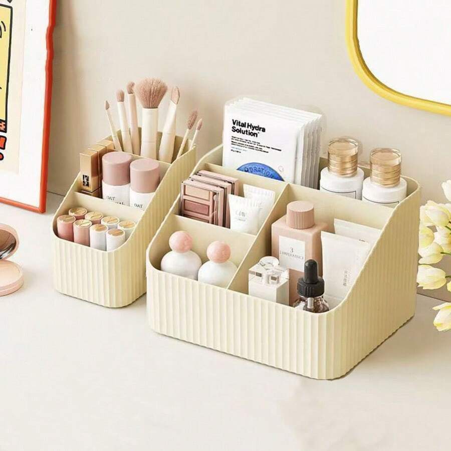 1pc Makeup Storage Box, Dorm Vanity Tabletop Organizer For Skincare, Lipstick, Large Capacity Compartment Shelf - Beige - View 1