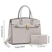 ZENG Classic Large Women's PU Leather Tote Handbag With Matching Zip Wallet, Elegant Structured Purse With Lock Top Handles & Detachable Shoulder Strap For Work, Office, Travel, And Everyday Use - Grey - View 3