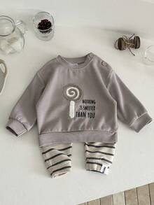 2pcs/Set Baby Girl Lollipop Embroidered Long Sleeve Sweatshirt And Pants Set, Spring/Autumn