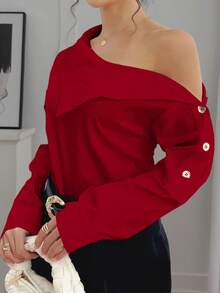 Camisa casual de manga larga con diseño de botones y cuello asimétrico para mujer, primavera - Rojo - Ver 5