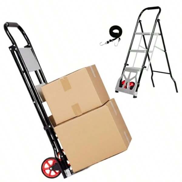 Advwin 2-In-1 Folding Ladder And Hand Truck Portable Dolly Cart With 3-Step Anti-Slip Pedal Aluminum Collapsible Hand Trolley With Rubber Wheels 250kg Capacity For Warehouse Garage Office Home